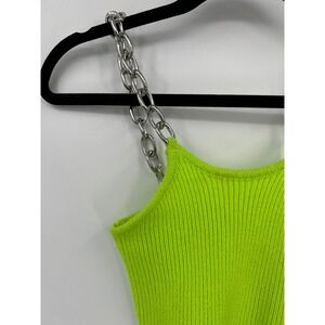 The Ragged Priest Neon Lime Green Ribbed Knit Chain Strap Crop Top Womens XS